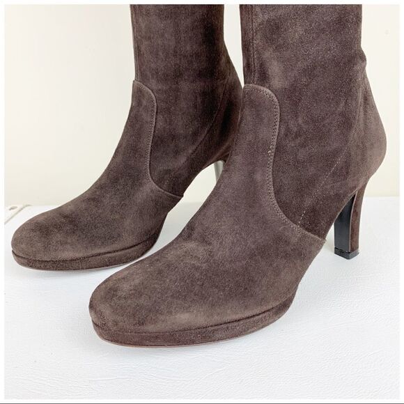 Graffiti Brown Suede Platform Heel Pull-On Boots Sz 7.5 - Picture 3 of 10